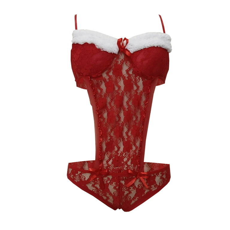 Women Velvet Plus Size Christmas Sexy Lace Teddy Lingerie Set Bodysuit  Shiny Tassels Dress Chemise Mini Skirt Babydoll