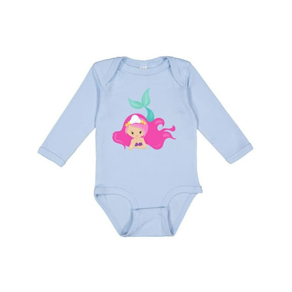 Inktastic Cute Mermaid, Pink Hair, Green Tail Girls Long Sleeve Baby Bodysuit