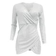 thumbnail image 4 of Robe Portefeuille Courte à Manches Longues à Col en V pour Femme, Brillante, Plissée, Cocktail, Fête, 4 of 5