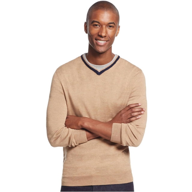 Suéter con cuello en V de lana merino para hombre Club Room, marrón, grande 2X