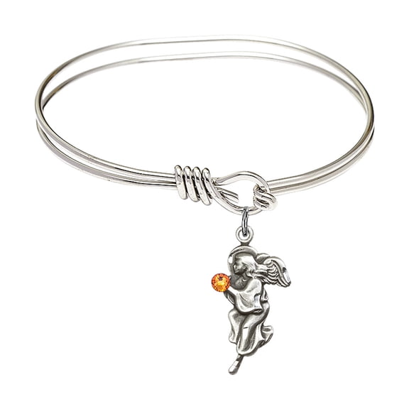 5 3/4 inch Oval Eye Hook Bangle Bracelet w/ Guardian Angel medal charm w/ November Yellow Swarovski Crystal