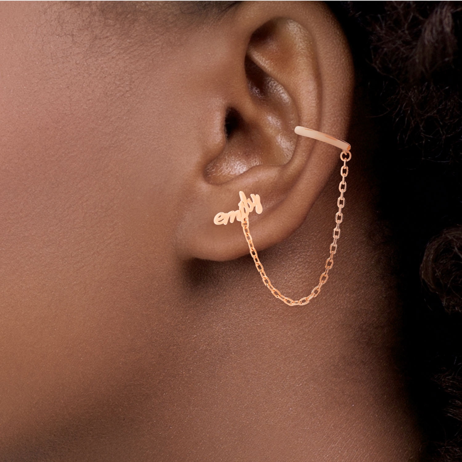 Personalized Planet Sterling Silver Lowercase Script Name Crawler Button with Ear Cuff and Chain Earring ,Women's