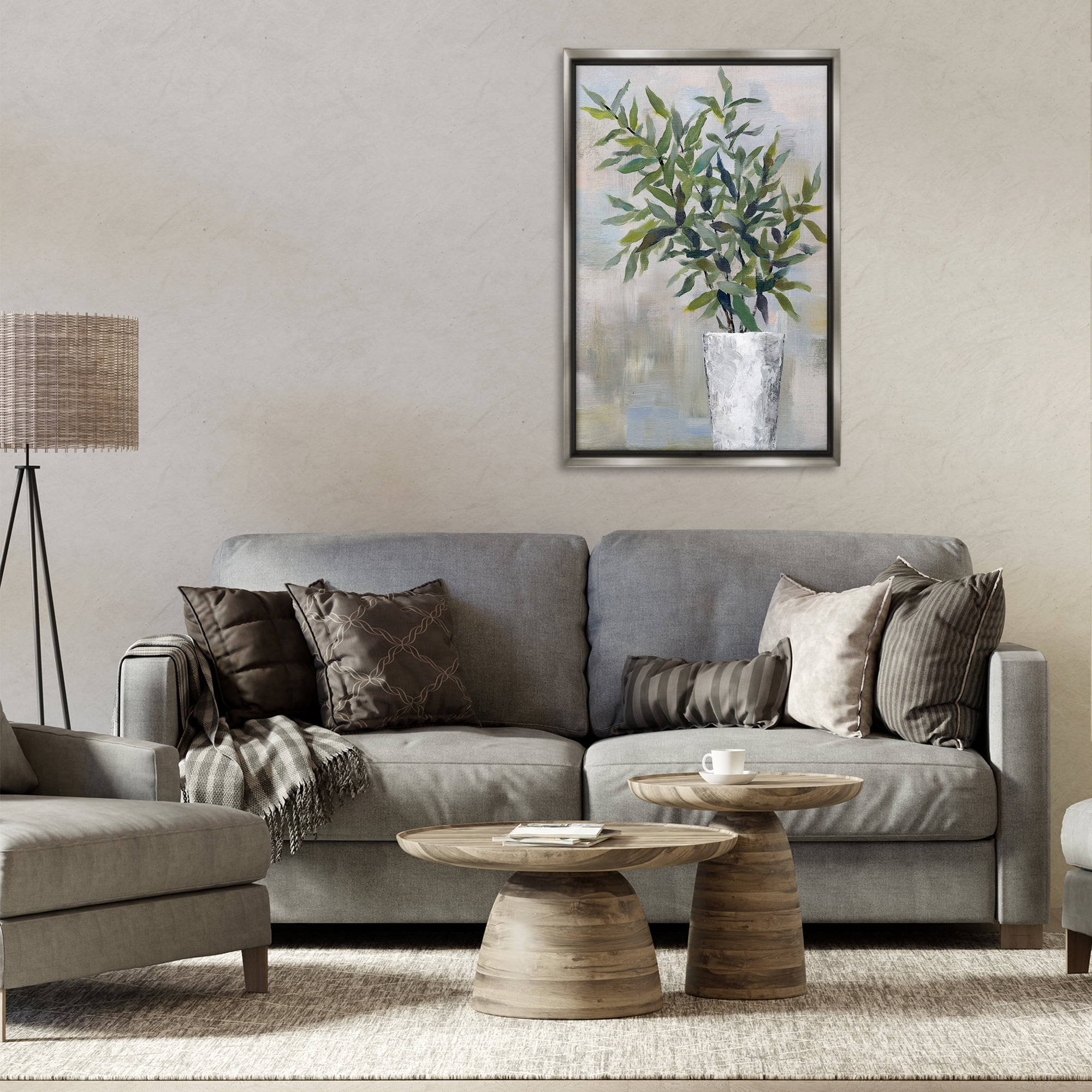 Stupell Industries Splayed Plant Leaves Plants & Flowers Painting Gray Floater Framed Canvas Art Print Wall Art, 21 x 31