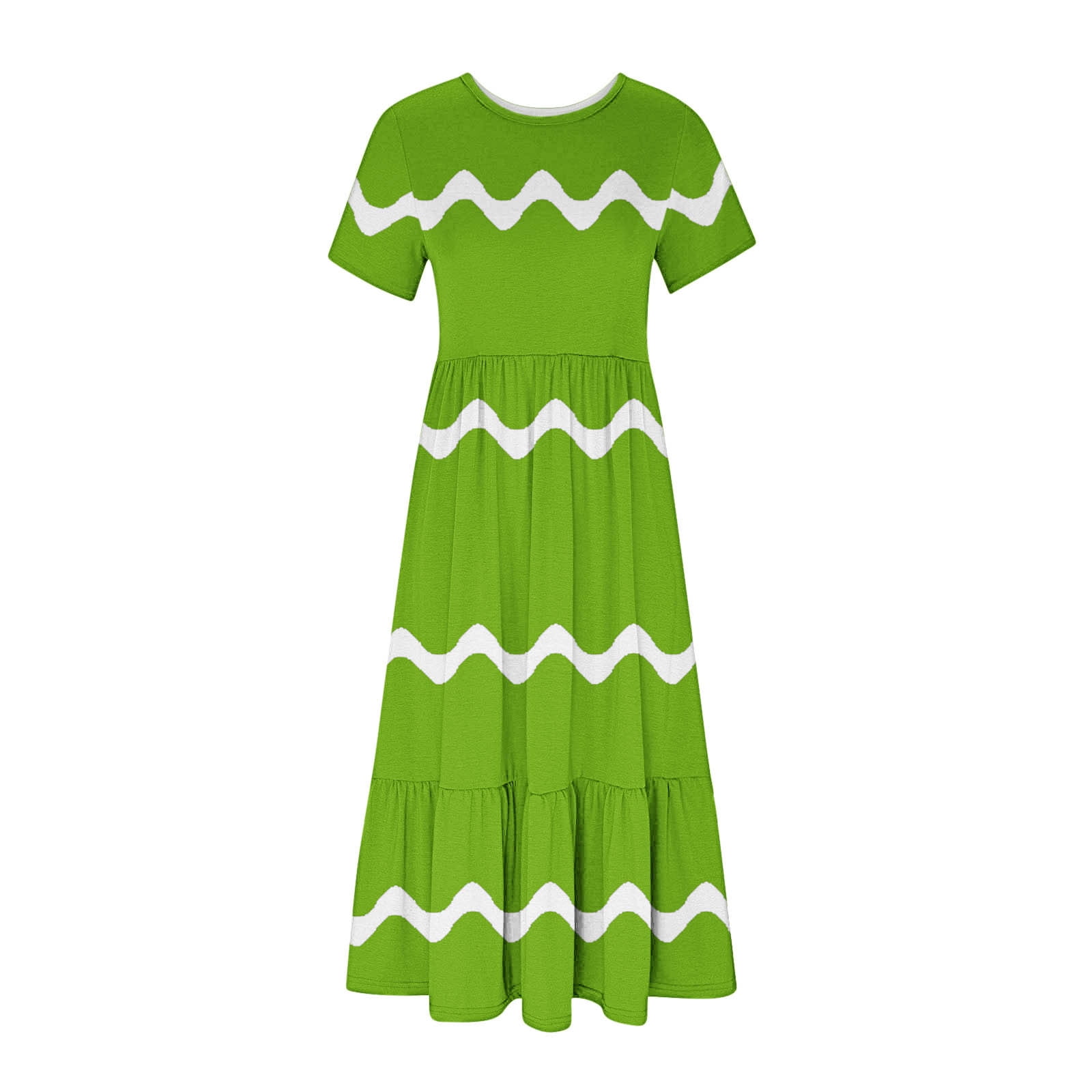 Womens Short Sleeve Mid Long Dress with Pockets Fashion Wave Striped Print Pleated Casual Tiered Maxi T-shirt Dress (XX-Large, Green)