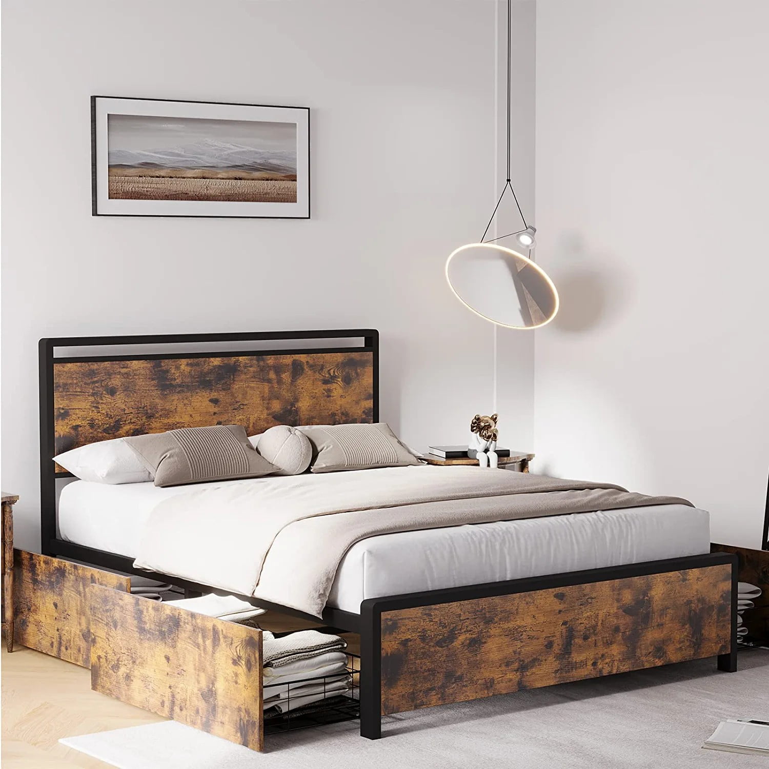 Amyove Queen Bed Frame with 4 Storage Drawers,Metal Platform Bed with