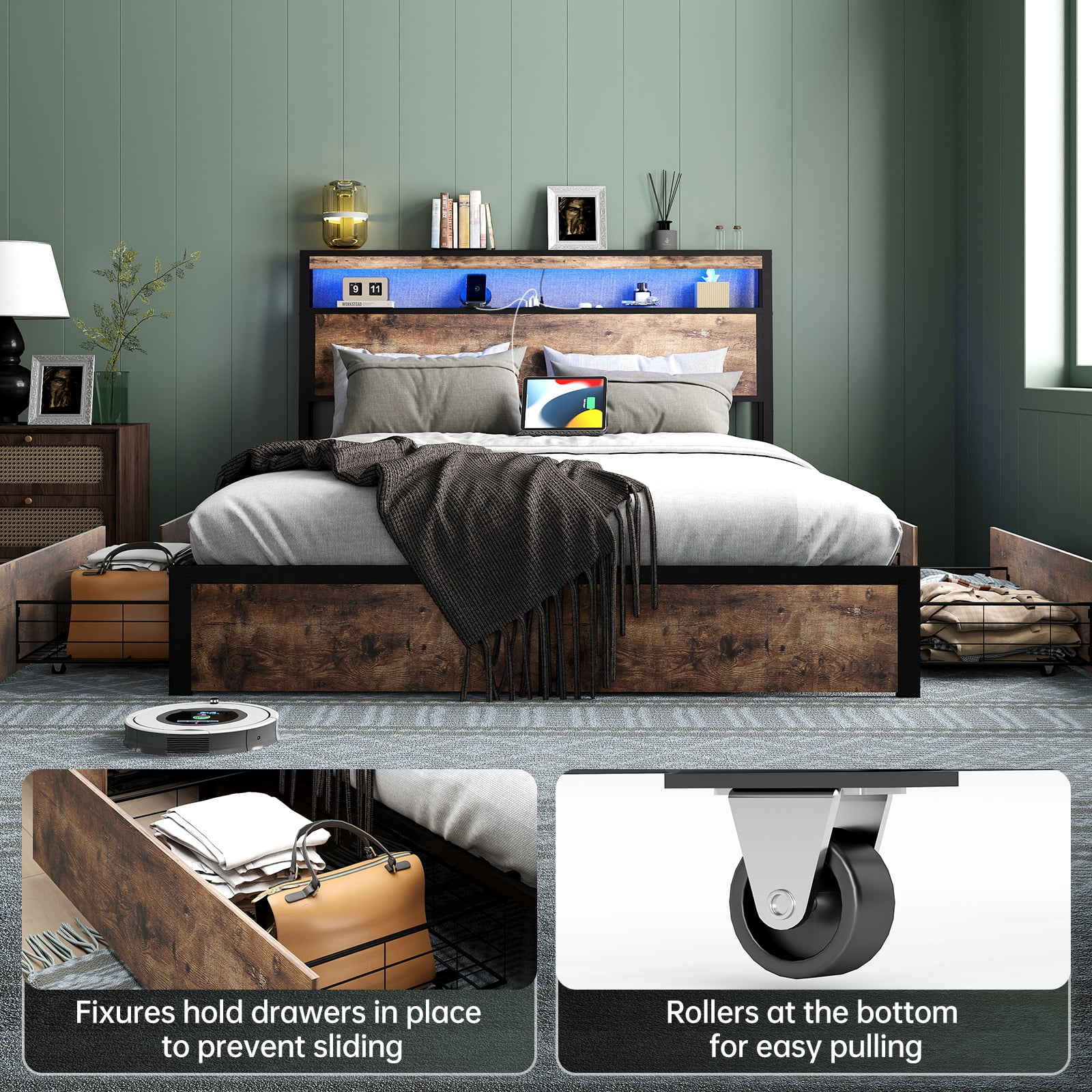 DRNANLIT Full Bed Frame with Storage Headboard and 4 Drawers, Metal Platform Bed Frame with LED Light, Charging Station, No Box Spring Needed, Easy Assembly, Vintage Brown