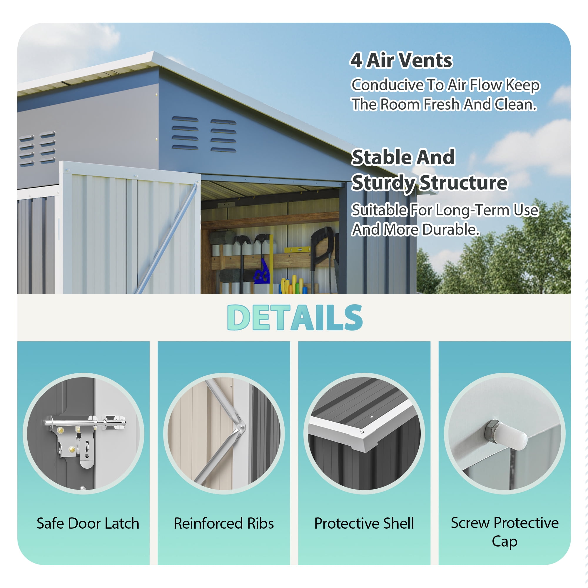 Leumius 4x8 FT Slope-Roof Reinforced Storage Shed with Weatherproof Sloping Roof and 4 Air Vents,Left/Right Optional Door, Outdoor Tool Shed Warehouse for Garden Storage Pet House