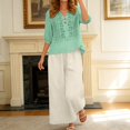 thumbnail image 2 of Womens Solid Color Summer Embroidered V Neck Three Quarter Sleeve Top and Wide Leg Pants Two Piece Set Beach Green XXL, 2 of 4