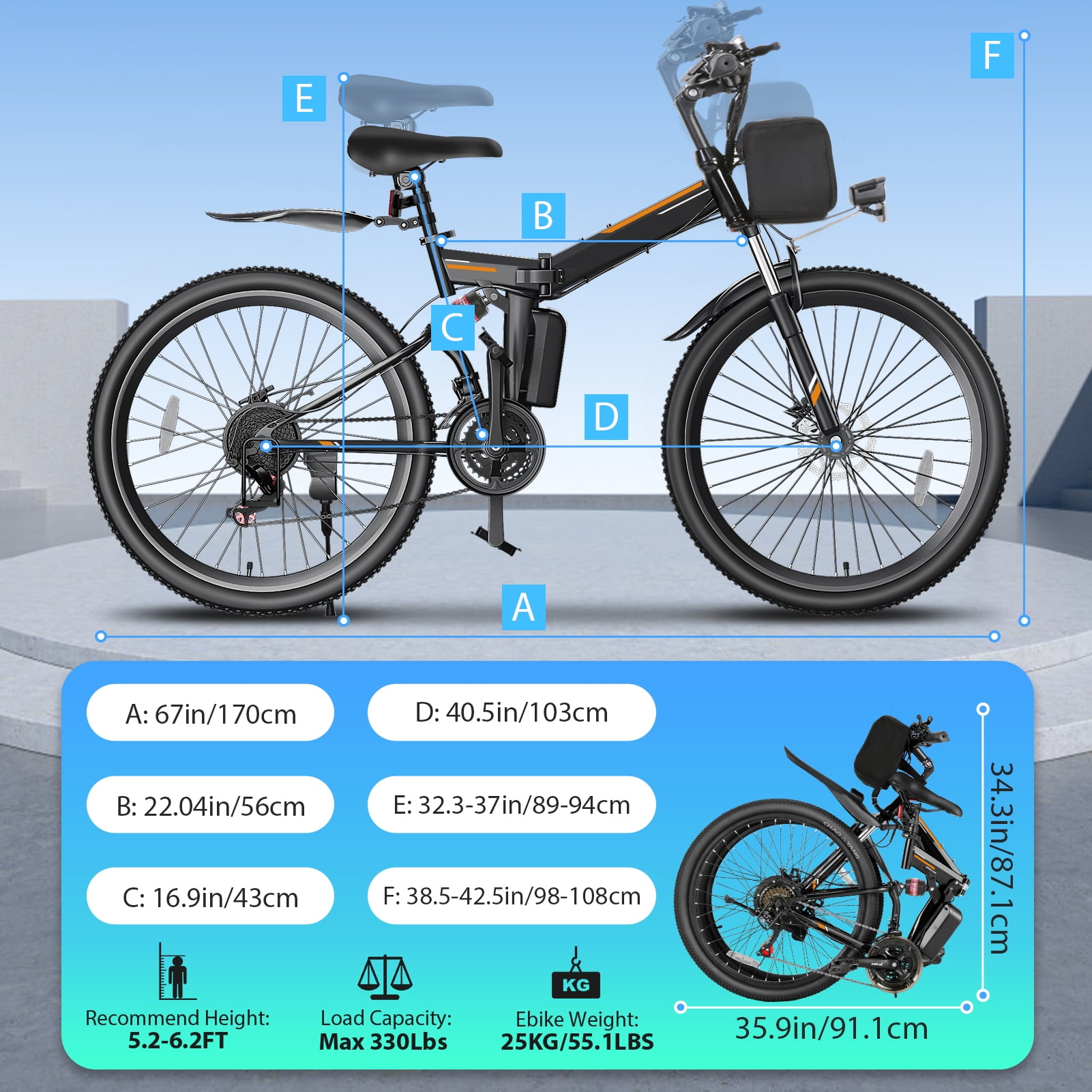 Elifine 26" Folding Electric Bike for Adults, 22Mph, 500W Electric Mountain Bike, 21 Speed, Full Suspension, 48V Foldable Ebike 7.8Ah Lithium-Ion Battery Electric Mountain Bicycle, UL2849