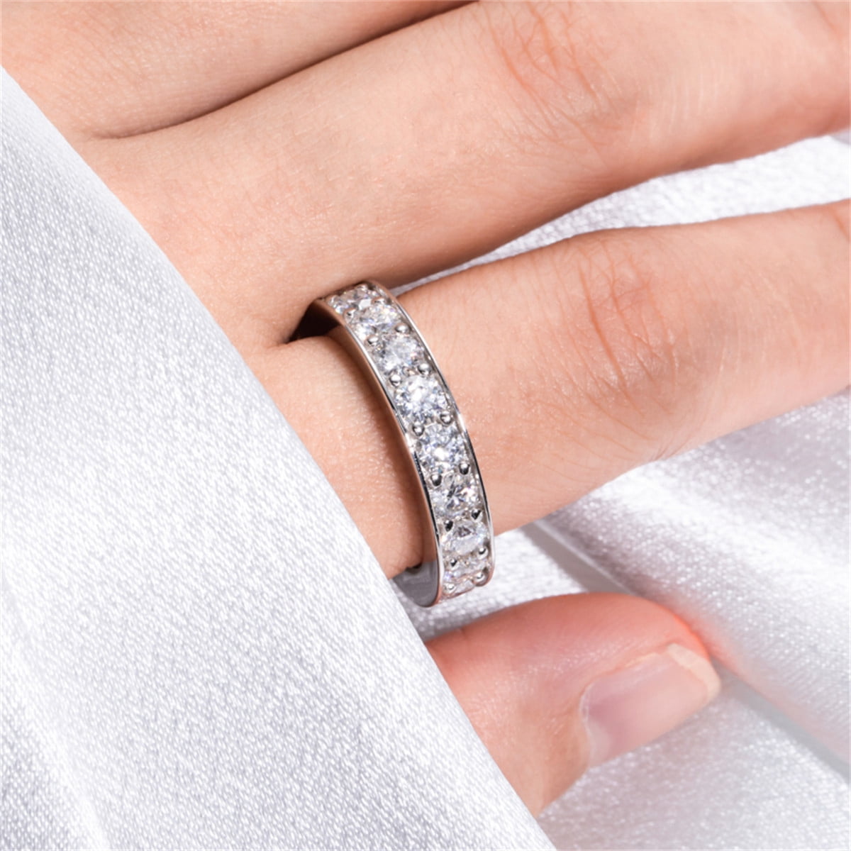 AnuClub 3.5mm Moissanite Wedding Band Channel Ring Total 4.4ct D Color VVS1 Moissanite 18K Gold Plated 925 Sterling Silver Eternity Ring for Women