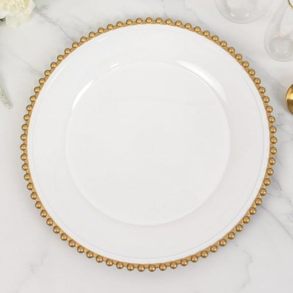 13" Charger Plates - Set of 24 - White/Gold Round Acrylic Disposable Chargers with Beaded Rim, Ideal for Dinner Party Wedding Bulk Events
