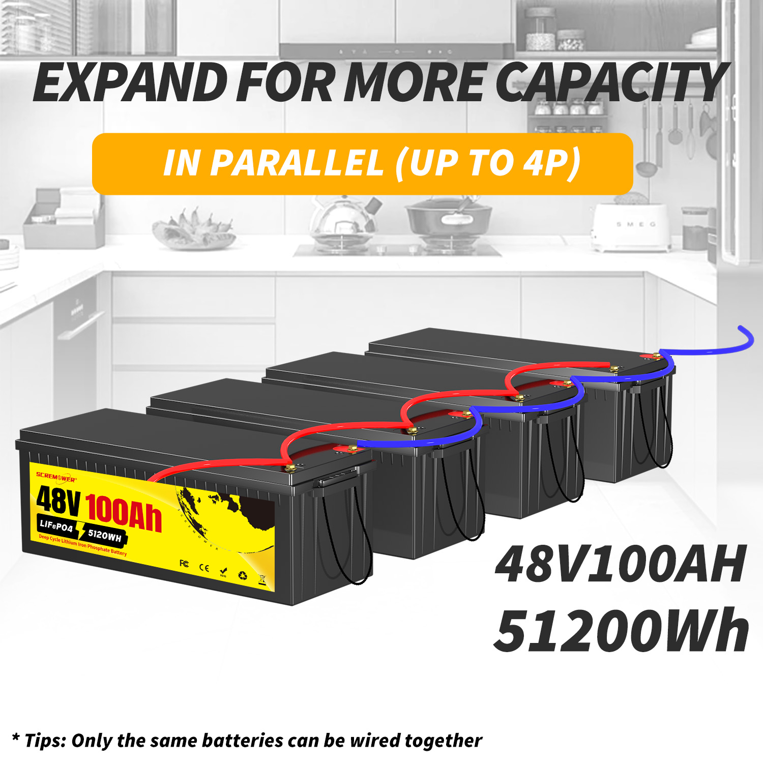 LiFePO4 Battery 48V 100AH,150A BMS RV Golf Cart Trolling Motor Camper Lithium Ion Batteries,SCREMOWER 15000 Deep Cycles Grade-A Cells