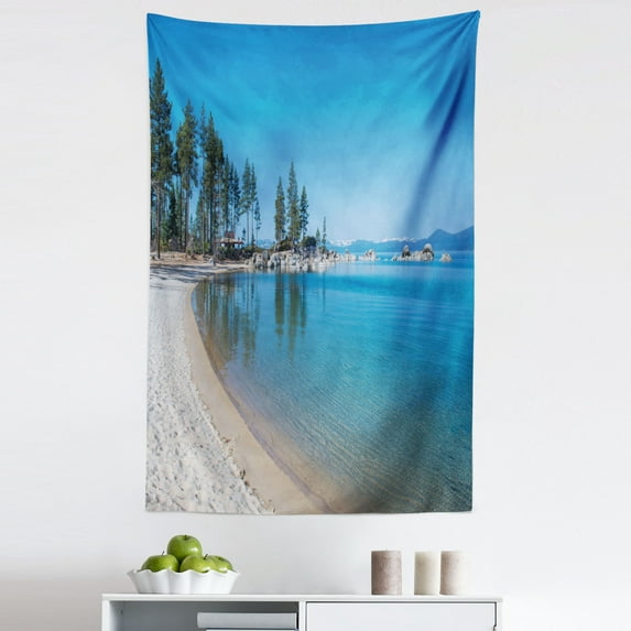 Lake Tahoe Tapestry, Clear Water in Shore of Lake Tahoe Idyllic Calming Scene, Fabric Wall Hanging Decor for Bedroom Living Room Dorm, 5 Sizes, Forest Green Azure Blue, by Ambesonne