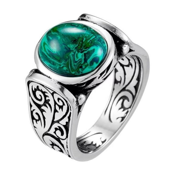HIJONES Stainless Steel Big Green Gemstone Men's Ring Personality Antiqued Style Band Size 9