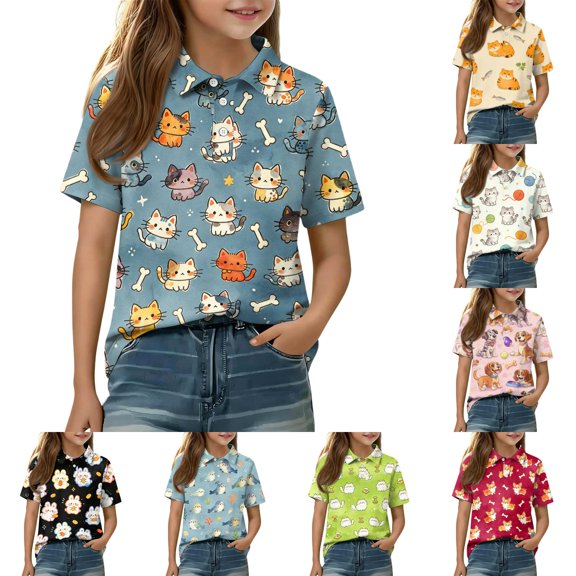 Grblisyd Girls Shirts Cute Animal Print Short Sleeve Collar Polo Shirts Casual Loose School Uniform Shirt
