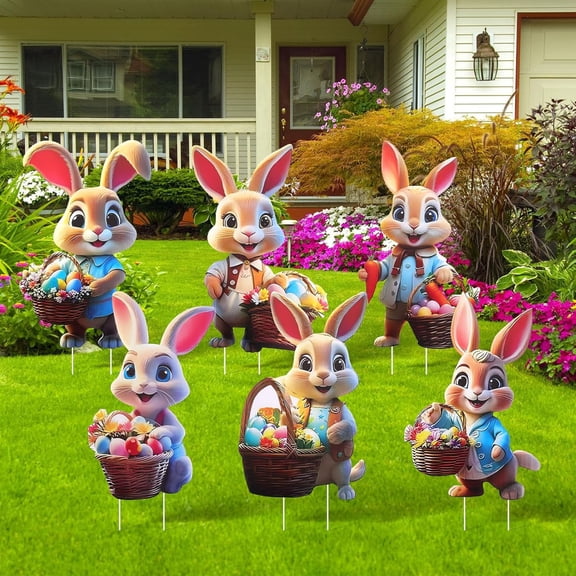 JHEHF Easter Bunnies Yard Decorations Outdoor Pack Of 6 Cute Rabbit Garden Signs with Stakes Holiday Welcome Signs for Patio Yard Garden Party Decor