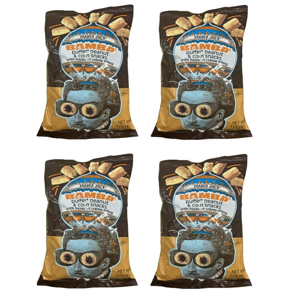 4-Pack Trader Joe’s Bamba Puffed Peanut & Corn Snacks with Hazelnut Crème Filling – 3 oz Bags – Crunchy, Creamy, Sweet & Salty Snack