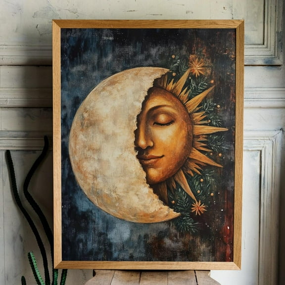 Kna Prints - Sun And Moon Face Art Print, Boho Celestial Wall Decor, Rustic Sun Moon Painting, Mystical Art For Bedroom, Solar Lunar Decor Astrology Gift For Home Decor UNFRAMED-8x12