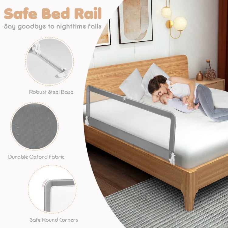 Topcobe 59 Inch Folding Breathable Baby Bed Rail Guard with Safety Strap, Bed Rails for Toddlers-Gray