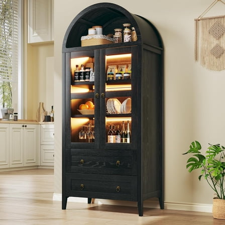 71" Tall Kitchen Pantry Cabinet, Arched Cabinet with LED Lights, Kitchen Storage Cabinets with 2 Large Drawers & Adjustable Shelves & Glass Door for Living Room, Dining Room, Black