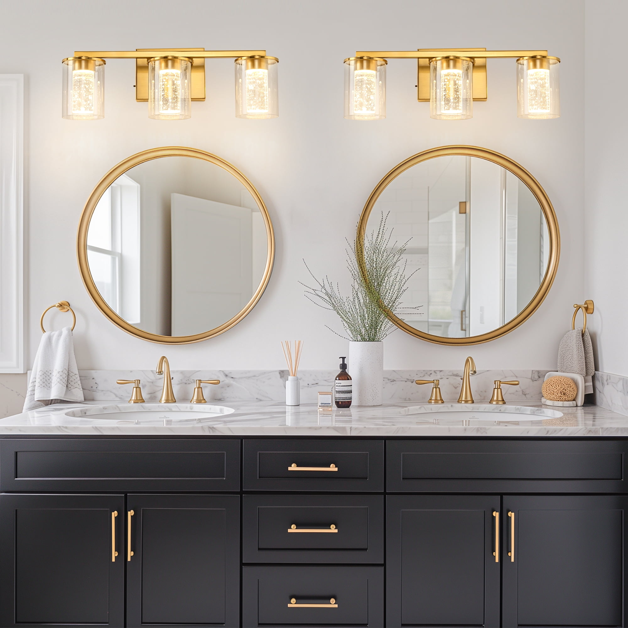 Briignite 3-Light Brushed Gold Vanity Lamp, Clear Glass with Crystal Column, Dimmable Bathroom Light Fixture for Hallway, Kitchen, Bedroom, Living Room