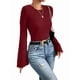 thumbnail image 3 of Tops Cortos de Acampanada para Mujer, Elegantes, Informales, con Cuello Redondo y Ribete de Lechuga, Acanalados y Ajustados Vino Tinto XL, 3 of 10