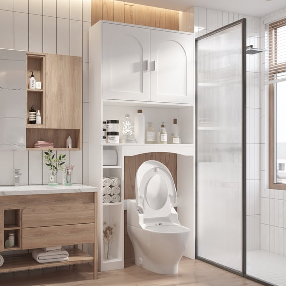KULAGAGA 70.9" H Over The Toilet Storage Cabinet with Shelves & Doors, 6-Tier Over Toilet Organizer Shelf, Bathroom Shelf with Toilet Paper Holder for Restroom, Laundry, White