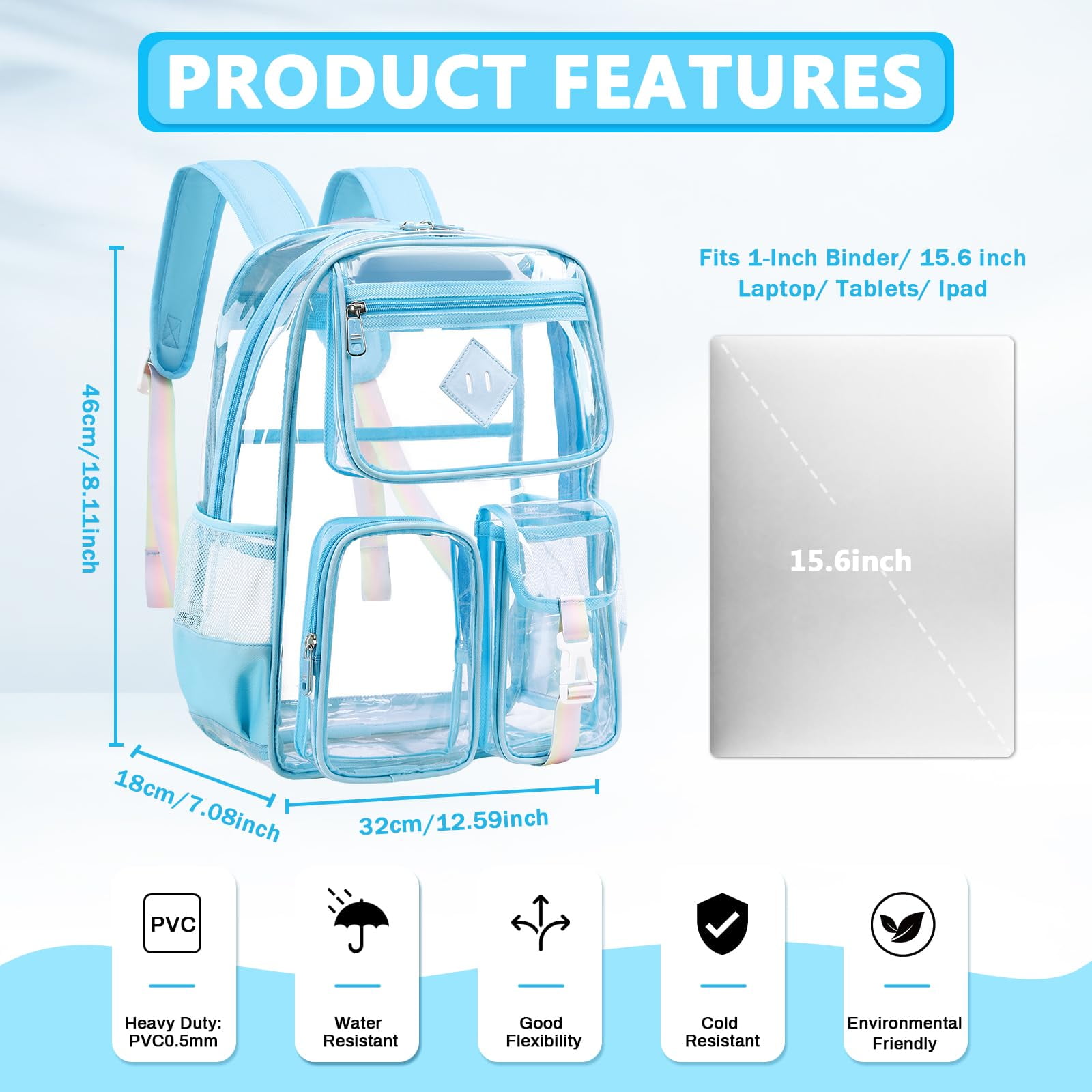 Sanmadrola Large Clear Backpack Heavy Duty Stadium Approved See Through Backpack Waterproof PVC Transparent Backpacks Clear Book Bag with Reinforced Strap for School Work Travel Festival, Blue