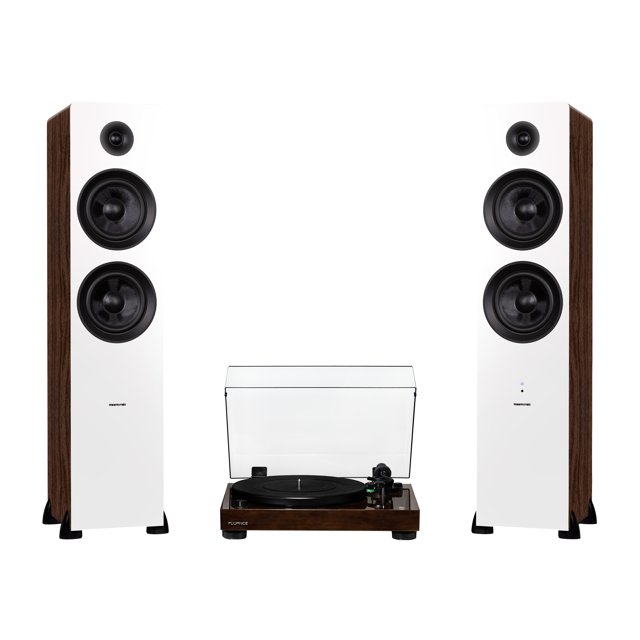 Fluance RT81 Elite High Fidelity Vinyl Turntable (Walnut) with Ai81 Powered 2-Way Floorstanding Speakers (White Walnut), Diamond Stylus, Belt Drive, Built-in Preamp, 150W Class D Amplifier, Bluetooth