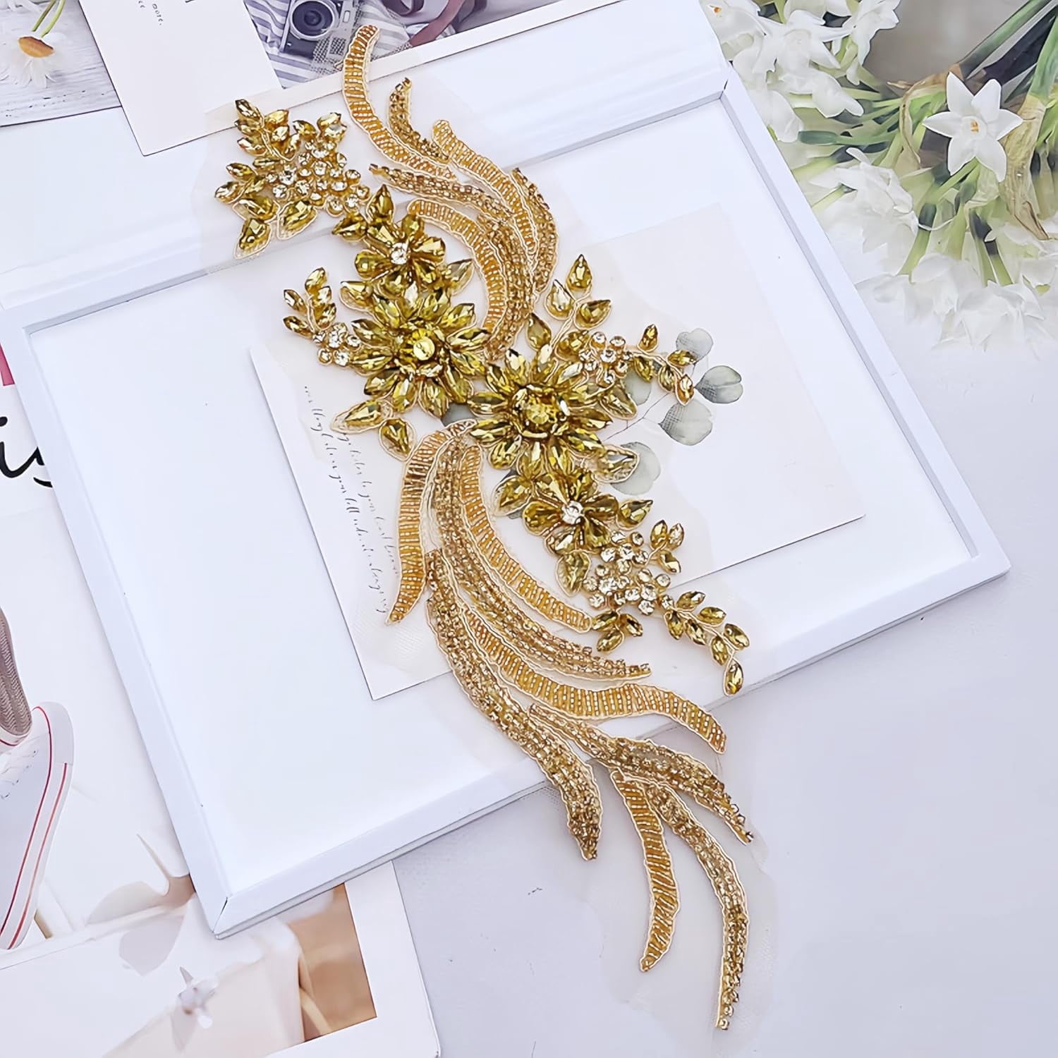 Rhinestones Beaded Appliques Embellishments: Rhinestone Applique, Retro Embroidered Lace Pure Handmade Shining Rhinestones Appliques for Dresses Wedding Dress DIY Accessories, Gold Applique (Gold)
