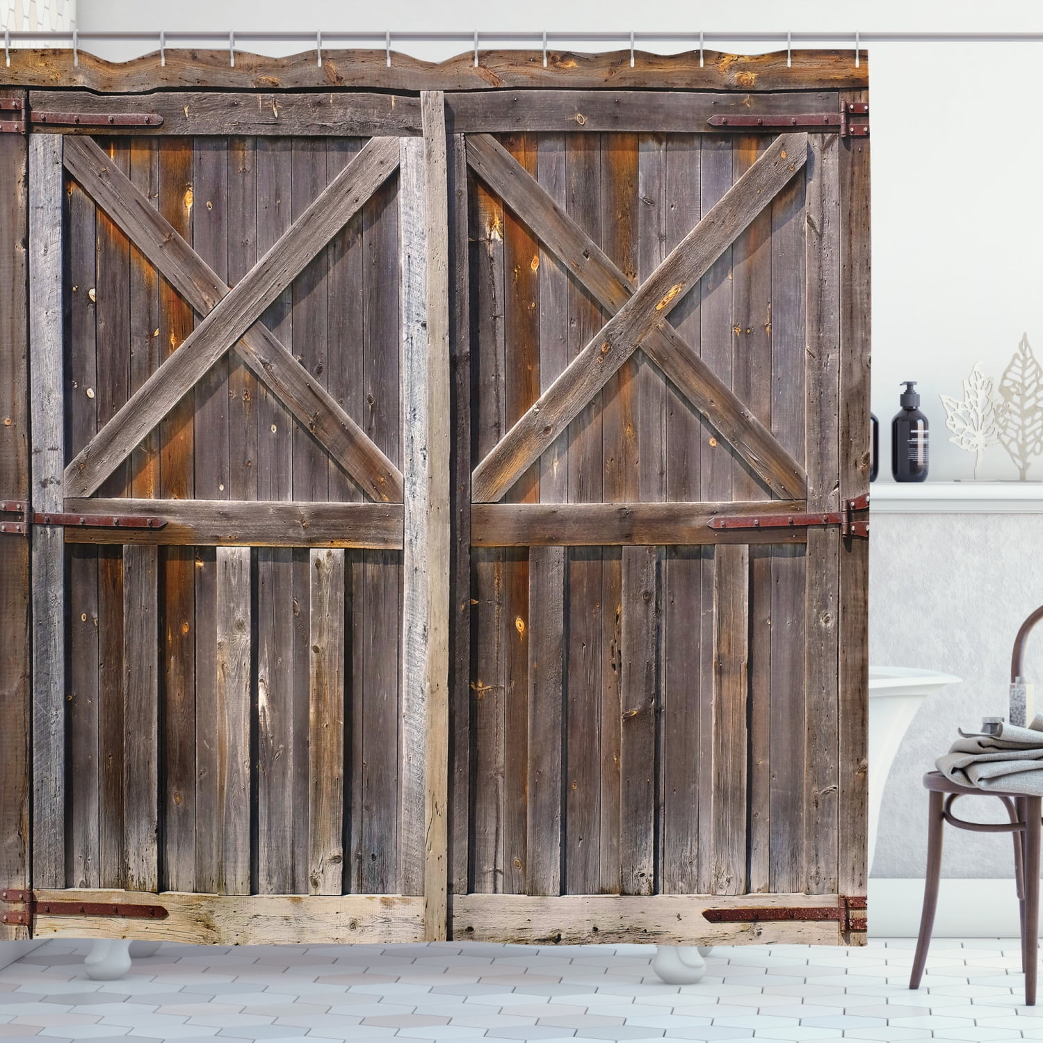 Hippie Old Wooden Barn Door Shower Curtain Art Rustic Waterproof Set Home Decor 