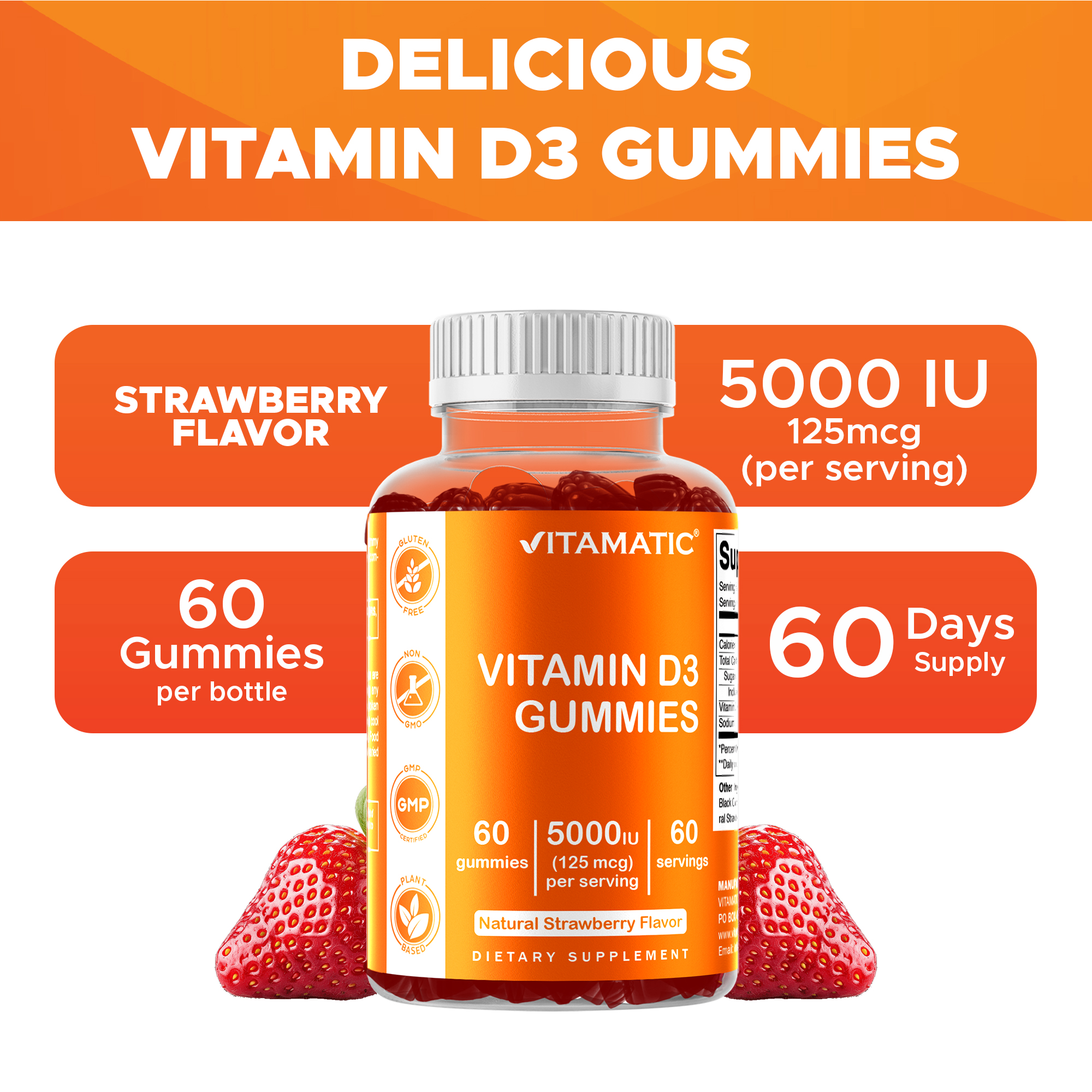 3 Pack Vitamatic Vitamin D3 Gummies - 5000 IU Per Gummy - 60 Gummies - Great Taste - Healthy Bones, Teeth, Mood, Joint & Immune System Function (Total 180 Count)