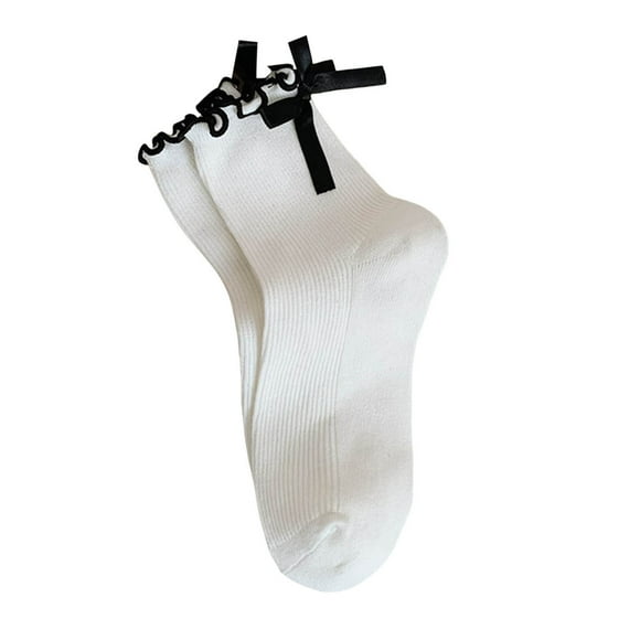 BYHONG Socks for Women Women Bow Socks Ruffled Casual Round Neck Socks Soild Color Soft Breathable Lace Stockings Running Socks Womens White One Size