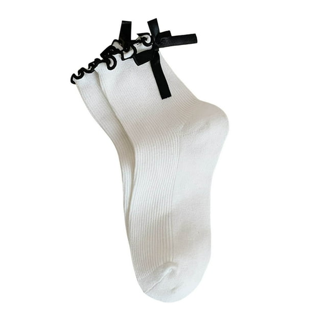 Women's Bow Lace Stockings Soft Breathable Ruffled Casual Socks Comfortable Round Neck Solid Color Hosiery for Daily Wear