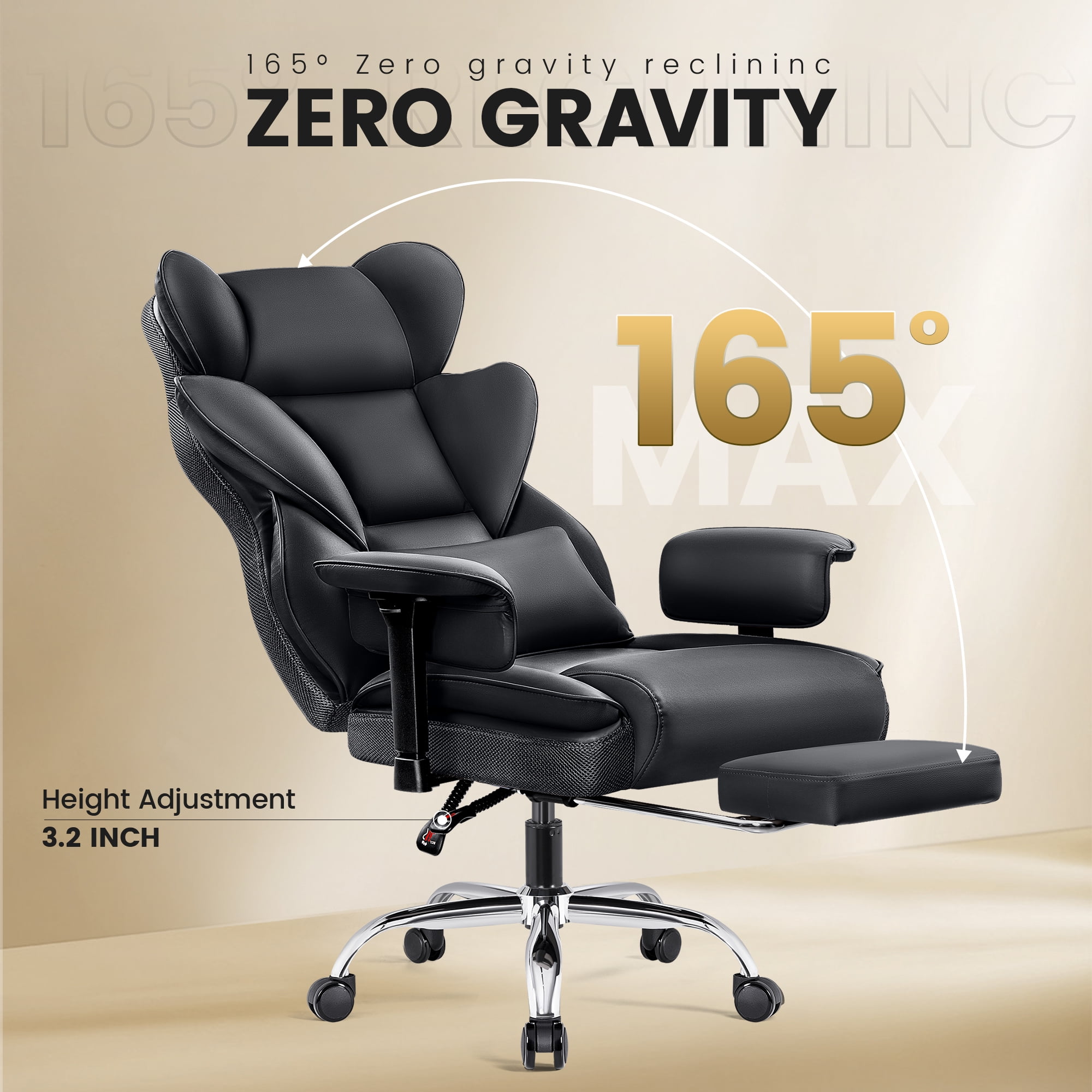COOLHUT Large Executive PU Leather Office Chair with Adjustable Armrests and Footrest, High Back and Lumbar Support, Ideal for Big and Tall Users, Perfect for Home Office or Computer Desk Use, Black
