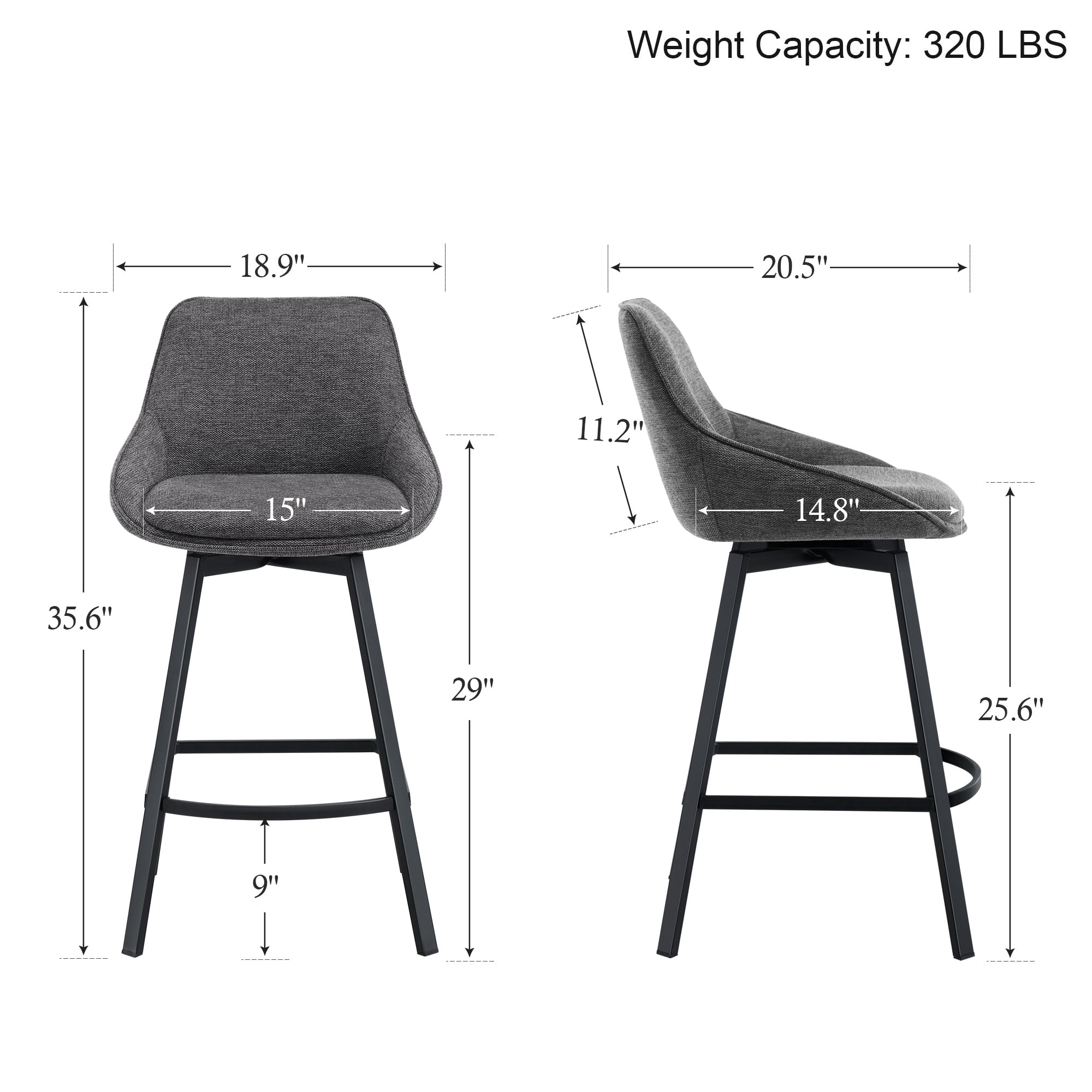 Zesthouse 25.6" Swivel Counter Height Bar Stools Set of 2, Modern Counter Height Chairs with Backs and Metal Legs, Upholstered Linen Barstools for Kitchen Island, Dark Gray