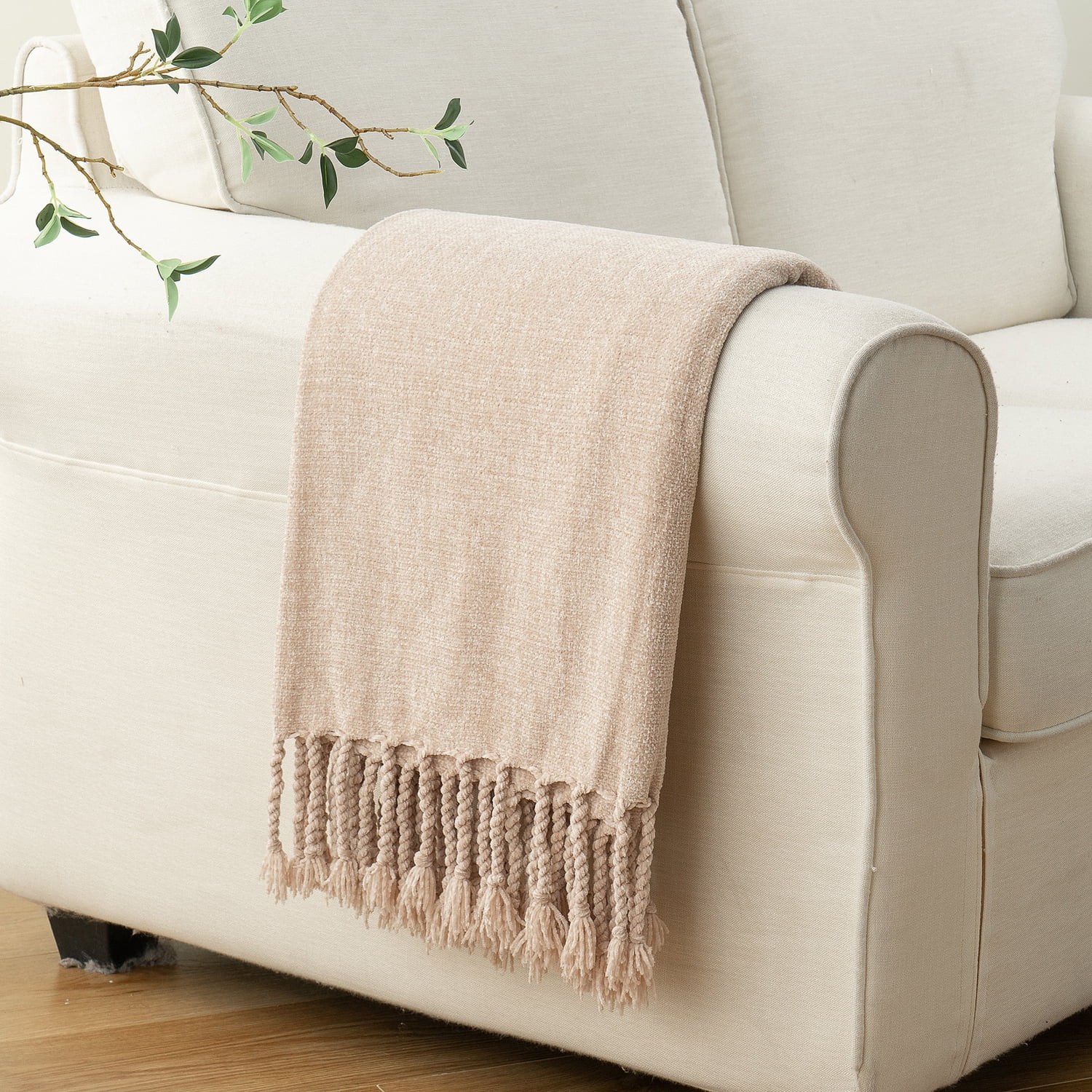 Beige Chenille Throw Blanket,Decorative Tan Knit Blanket for Living Room Decor,50"x60"