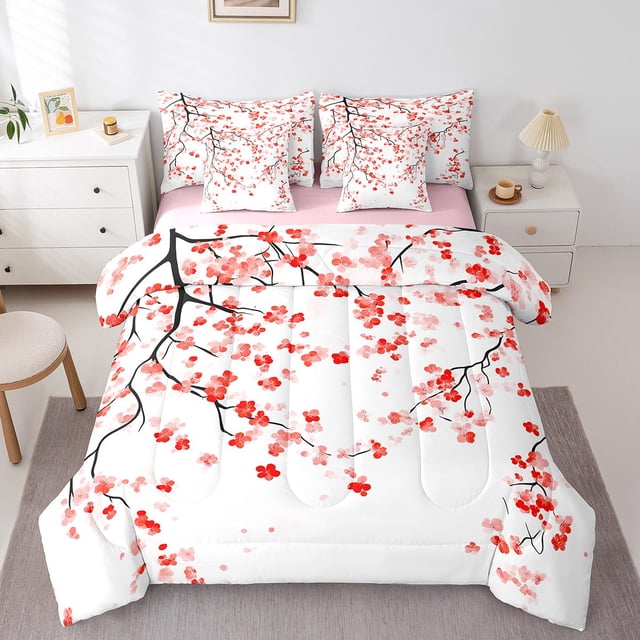 Erosebridal Spring Cherry Blossoms Bedding Sets Queen Size, Pink Floral Comforter Sets with Sheets, Reversible 7-Piece
