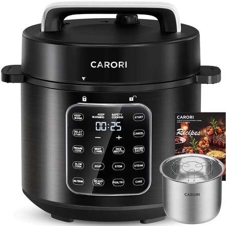 CARORI 9-in-1 Electric Pressure Cooker 6 Quart Black, Stainless Steel Pot, 12 Preset Functions with Touchscreen, Safe Steam Release, Stew, Slow Cook, Rice, Sauté, Warmer