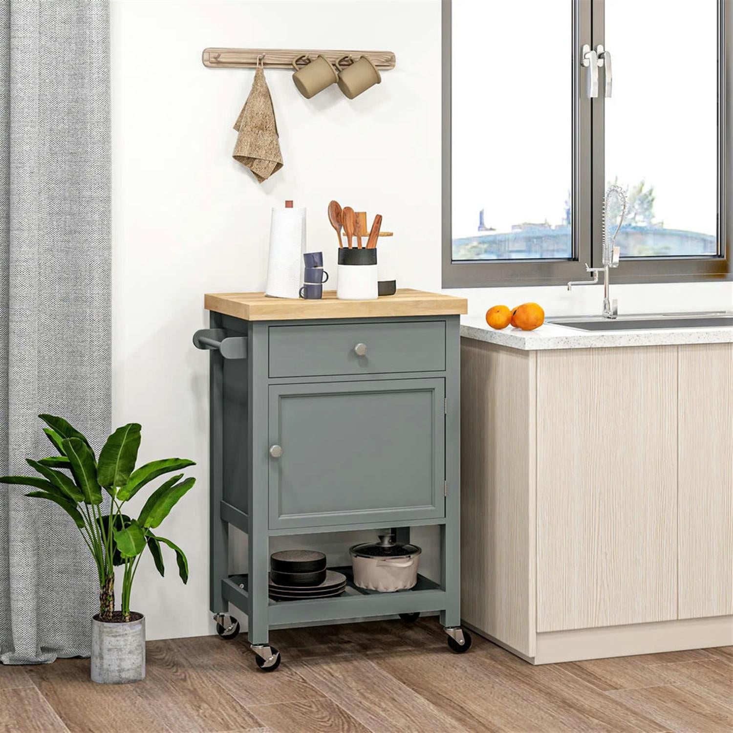 Demi Bonn Kitchen Island Cart on Wheels with Storage, Rolling Dining Room Serving Utility Carts Mobile Movable with Rubberwood Top and Drawer, Gray