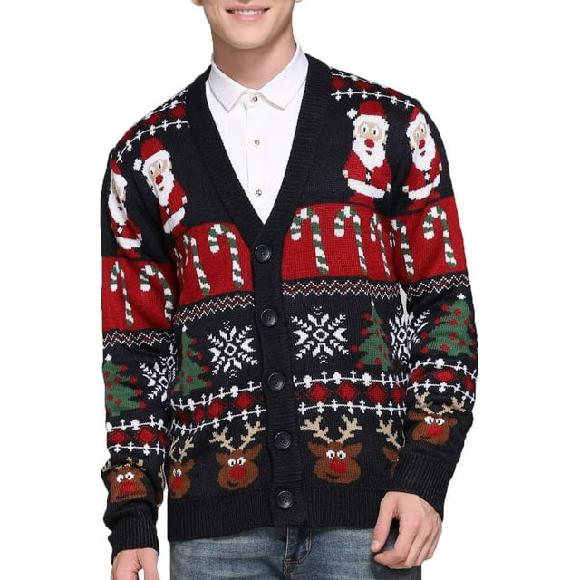 Chandail de Noël pour Hommes Rudolph Renne Vacances Festif Tricoté Cardigan Mignon Laid