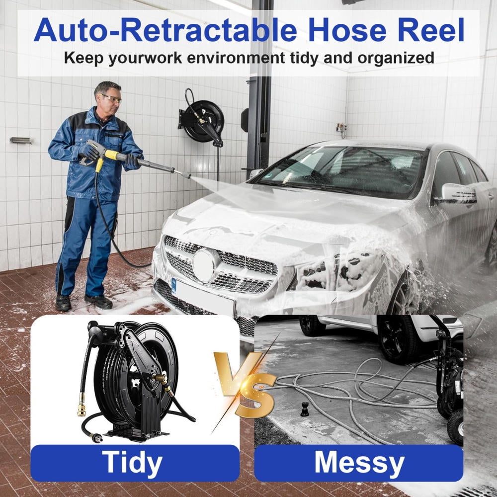 VAHIGCY Pressure Washer Hose Reel 50 Ft 3/8inch X 50 FT Heavy Duty Tools Hose Reel Auto-Retractable Hose Reel Steel Arm 4000 PSI Hose Reel For Easy Watering Of Garden Or Yard usual