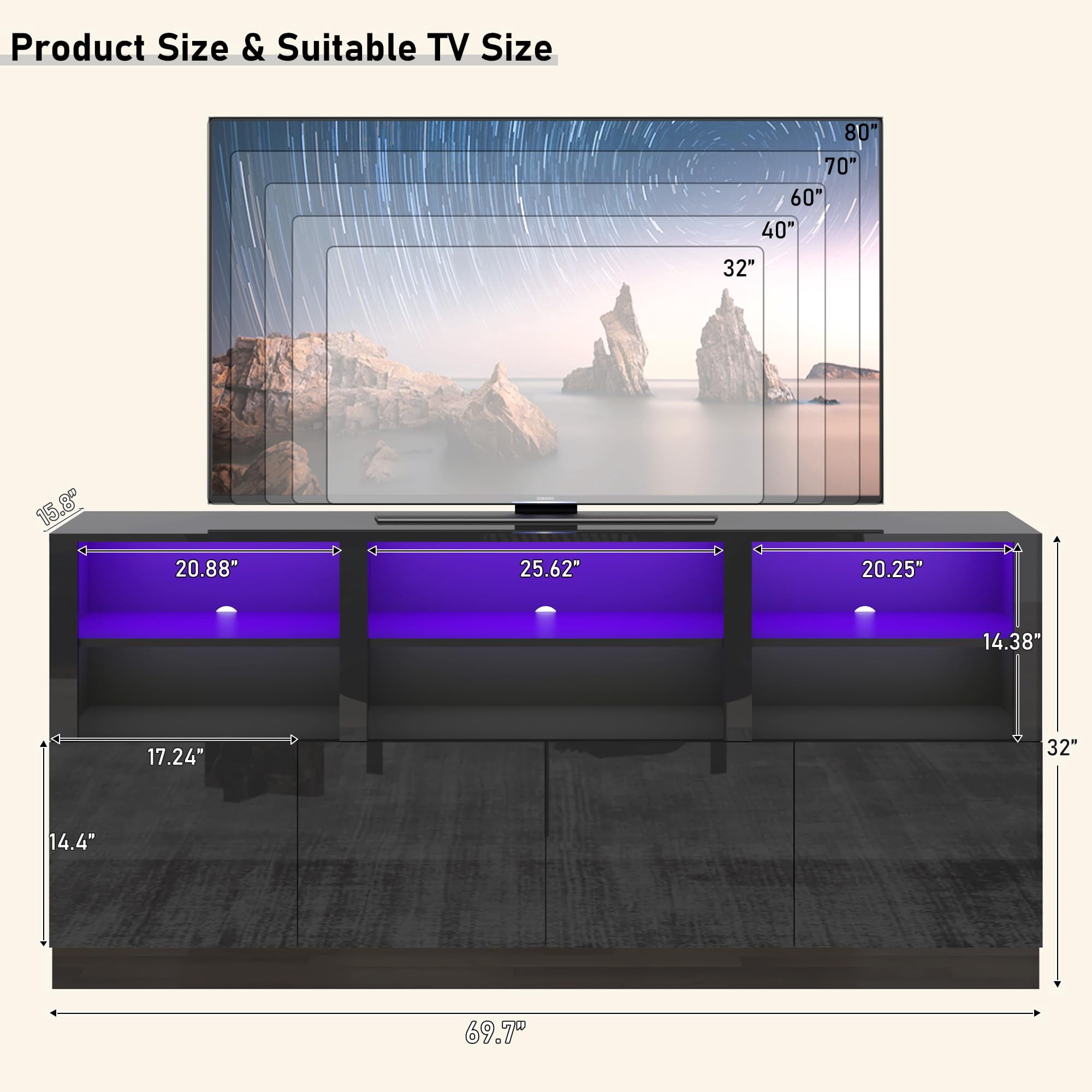 ANPOO LED TV Stand for 75” 80" 85" TVs, Tall Entertainment Center with 4 Door Storage Cabinets, Modern Glossy Gaming TV Console with for Living Room