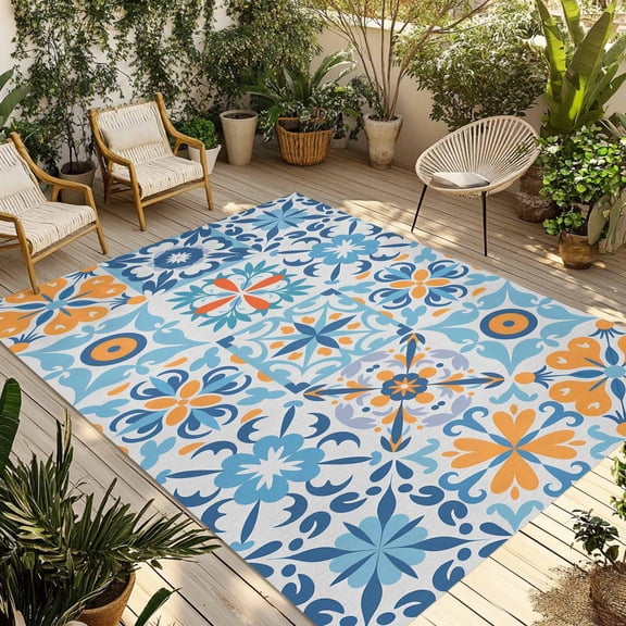 Blue Mediterranean Outdoor Rug for Patio/Deck/Porch, Non-Slip Large Area Rug 5 x 7 Ft, Vintage Moroccan Tiles Texture Indoor Outdoor Rugs Washable Area Rugs, Reversible Camping Rug Carpet Runner