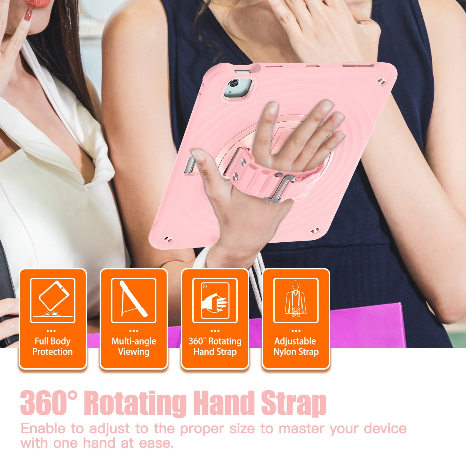 for iPad Air 13" 2025/2024 Case, Durable Sturdy Protection Case with Rotation Stand, Portable Hand Strap and Shoulder Strap Pencil Holder, Heavy Duty Shockproof Anti-Drop Cover, Pink