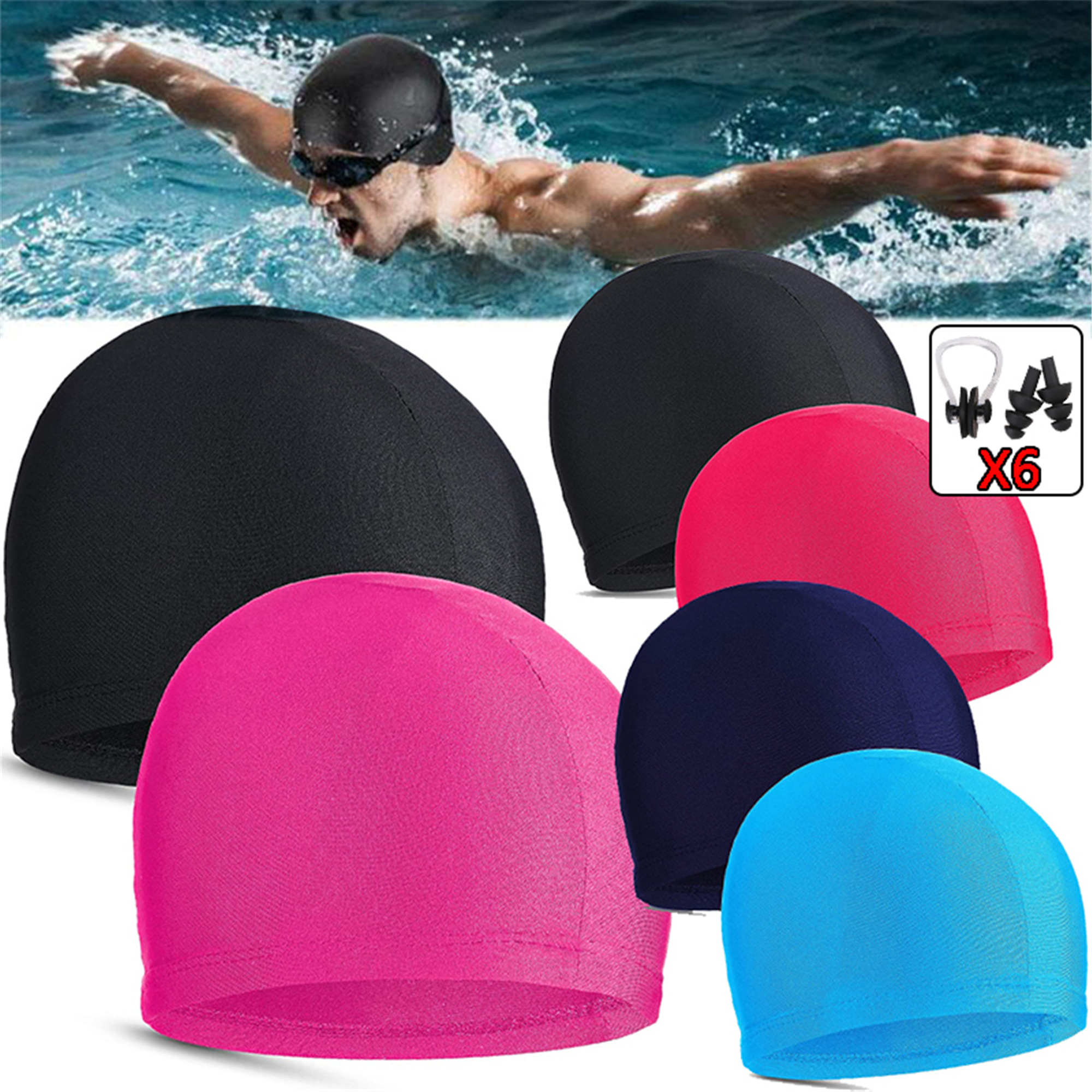 Elbourn 6 Pack Swim Caps for Women Men, High Elasticity Spandex Fabric