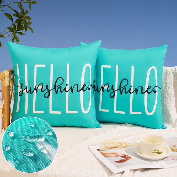 Outdoor Pillow Covers 20x20 Inch Set of 2 Hello Sunshine Decor Blue Green Waterproof Throw Pillow Covers Summer Outdoor Waterproof Pillow covers Decor for Patio Funiture Garden Sofa Couch 020D20