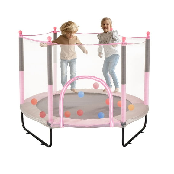 VEVOR 60" Kids Trampoline, 5FT Indoor Outdoor Trampoline, Mini Toddler Recreational Trampolinewith Safety Enclosure Net and Basketball Hoop, Birthday Gifts Christmas Toys for 3 Years Children, Pink