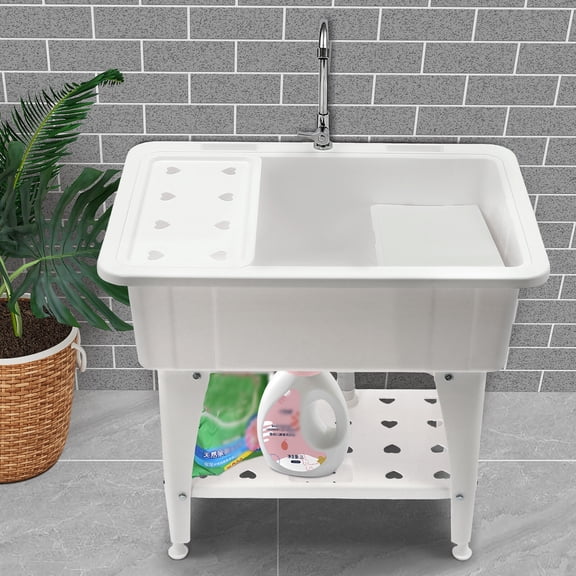 White Utility Sink Laundry Tub Freestanding Sink Wash Station w/ Faucet Home