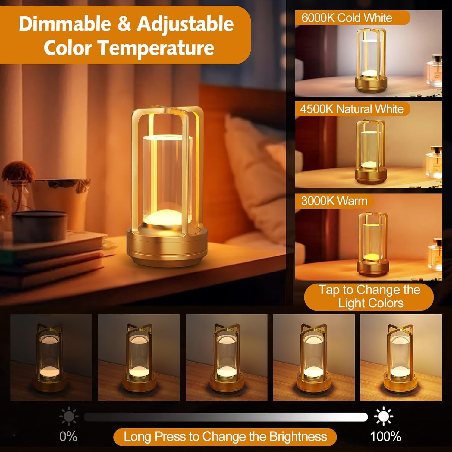 Portable Metal Table Lamp, 2000 mAh Rechargeable Outdoor Table Lamp Cordless, 3 Color Stepless Dimmable Atmosphere Table Lamps for Patio, Camping, Coffee table decor lamp for Indoor/Outdoor